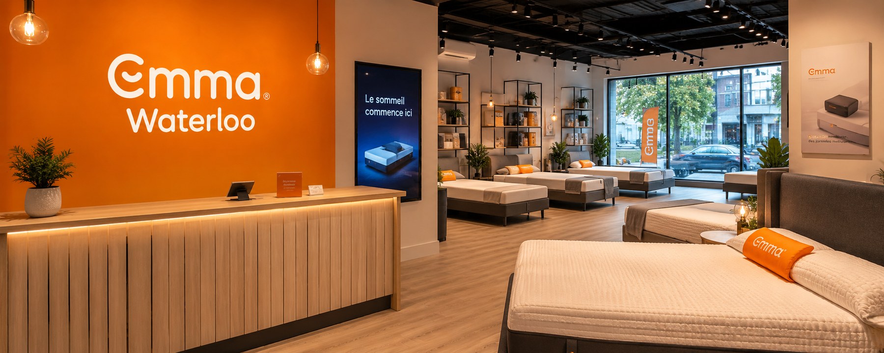 Intérieur d’un showroom Emma avec matelas et espace conseil